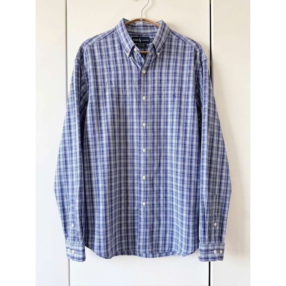 Ralph Lauren Sport Womens L Button Down Shirt Blue Plaid Cotton Boyfriend Preppy